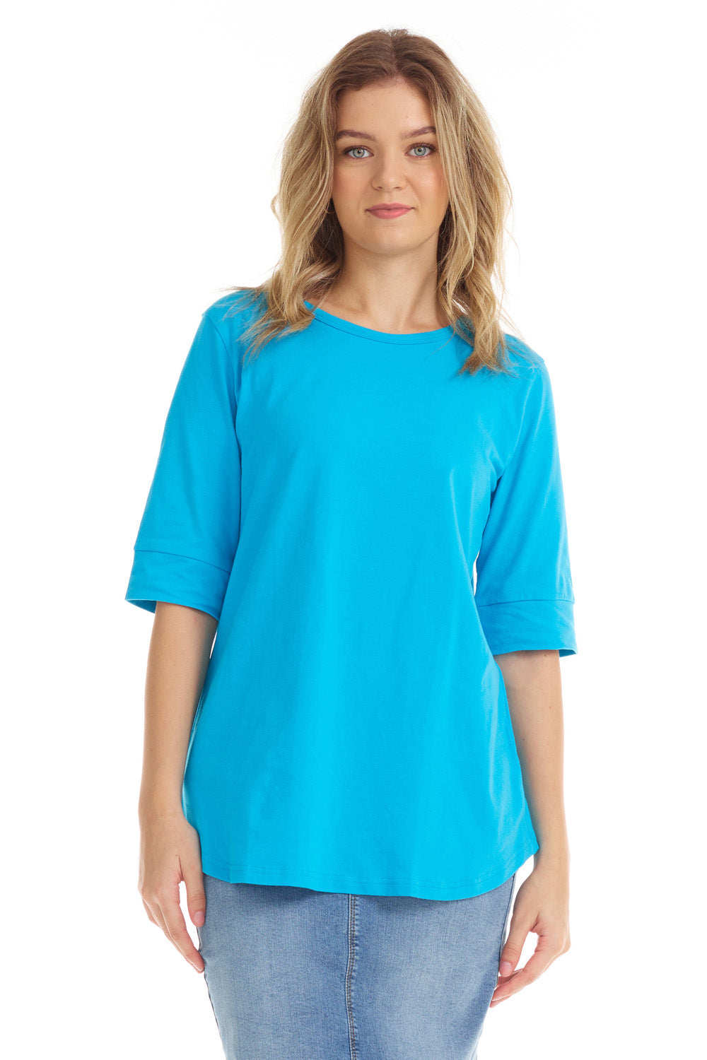 blue cotton elbow sleeve shirt with cuff sleeve