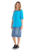 blue elbow sleeve cotton tee with cuff sleeve for women