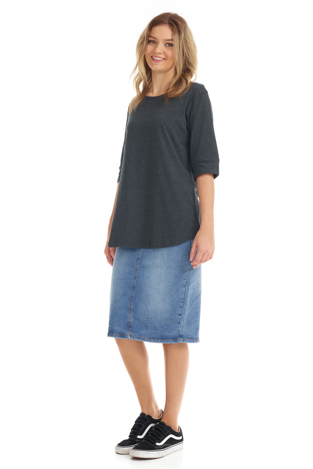 charcoal grey elbow sleeve cottonyznius tee with cuff sleeve for women