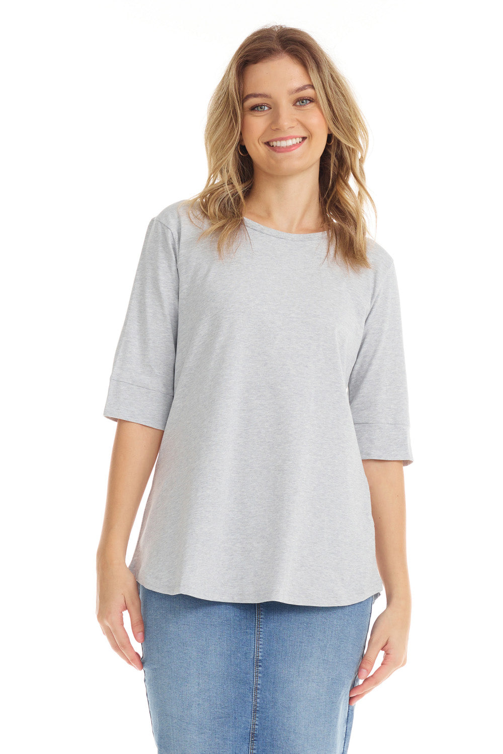 light gray cotton elbow sleeve shirt with cuff sleeve