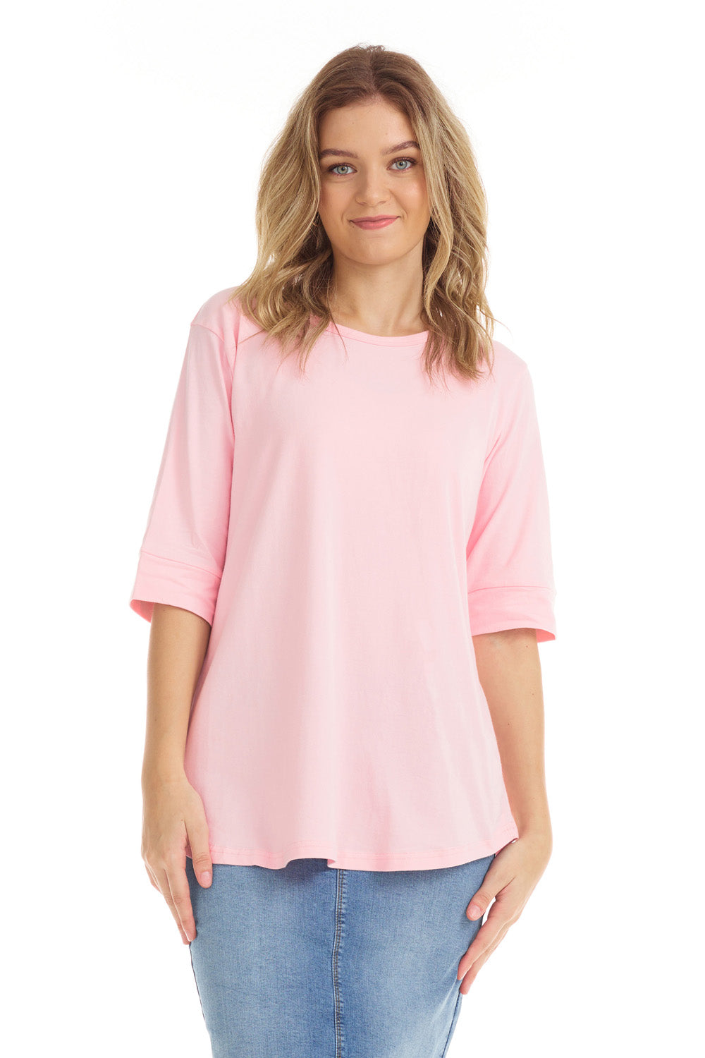 pastel pink elbow sleeve shirt with cuff sleeve