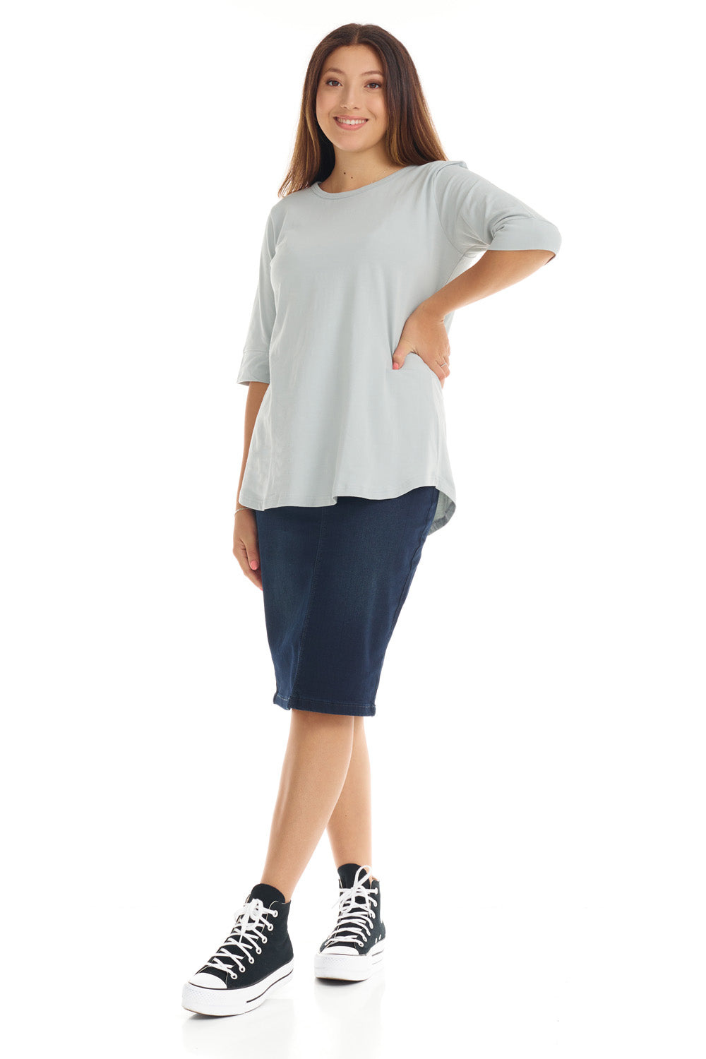 light grey elbow sleeve cotton tee with cuff sleeve for women