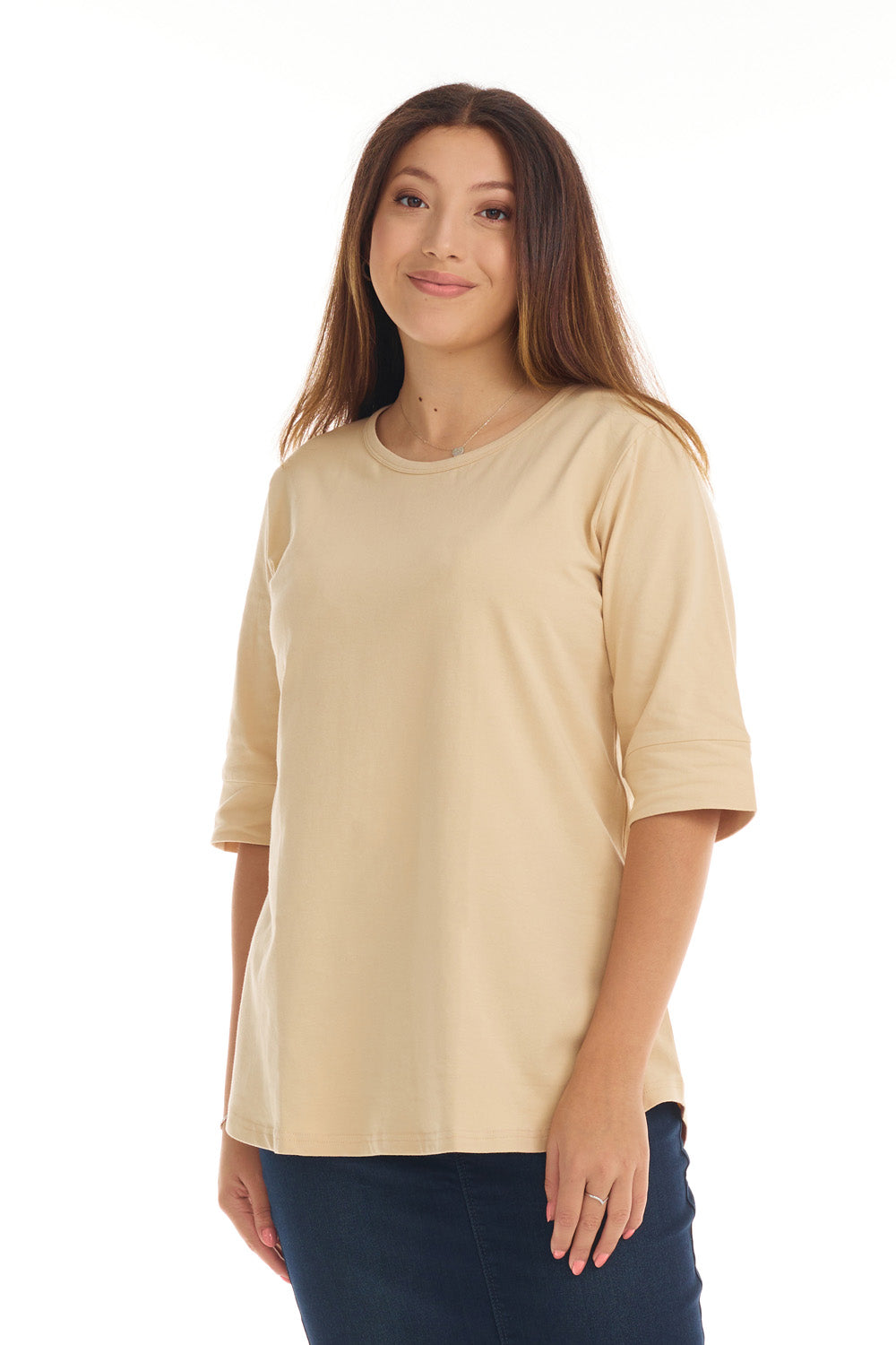 nude color elbow sleeve shirt with cuff sleeve