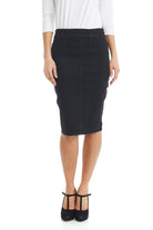 black tight jean skirt with faux pockets