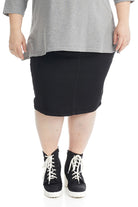 black snug modest jean skirt with faux pockets