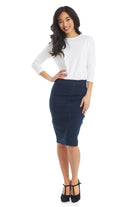 navy blue Below the knee tight pencil jean skirt with faux pockets