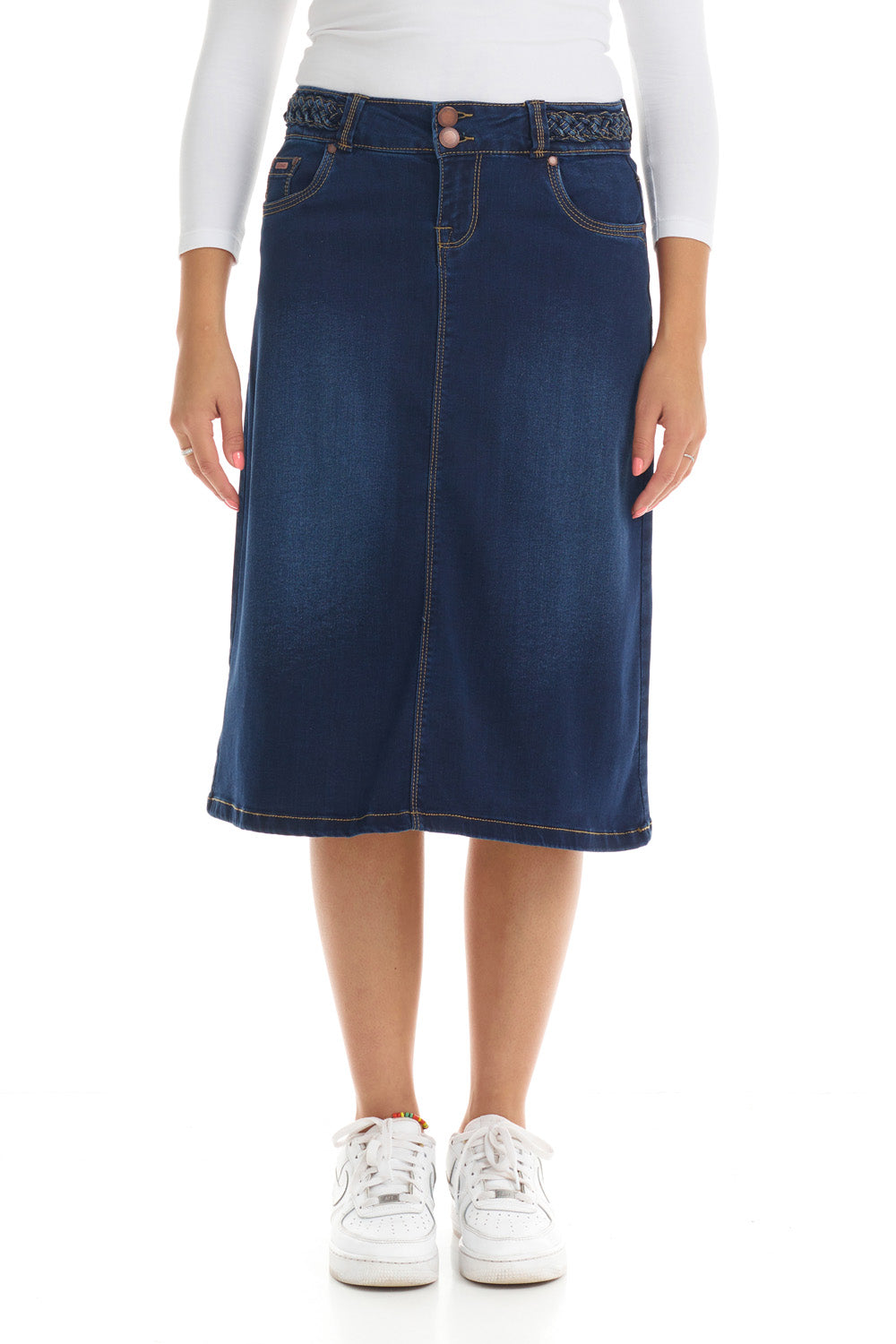 blue modest 2-button and zipper closure A-line flary below the knee jean skirt 