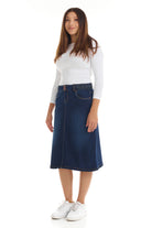 indigo blue 2-button and zipper closure A-line flary jean skirt 