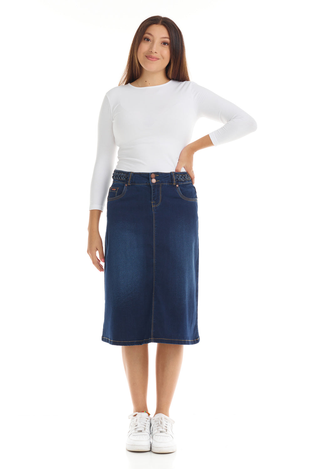blue classic 5 pocket A-line denim jean skirt with woven braided belt and contrast stitching