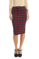tznius plaid jean pencil skirt with button and zipper closure