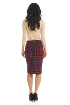 modest plaid jean pencil skirt with button and zipper closure