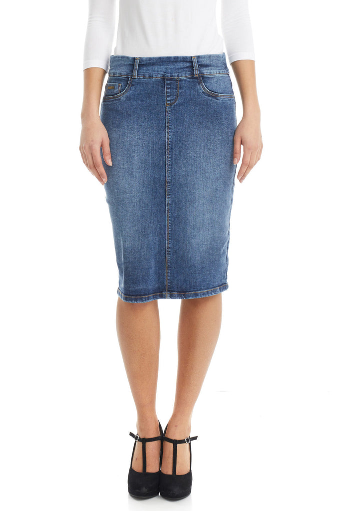 classic blue straight below the knee modest denim skirt for women