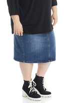 blue pull on straight jean denim skirt with belt loops and without pockets