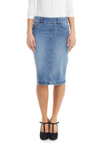 blue straight below the knee modest denim skirt for women
