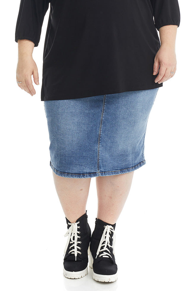 classic blue straight below the knee modest denim skirt for women