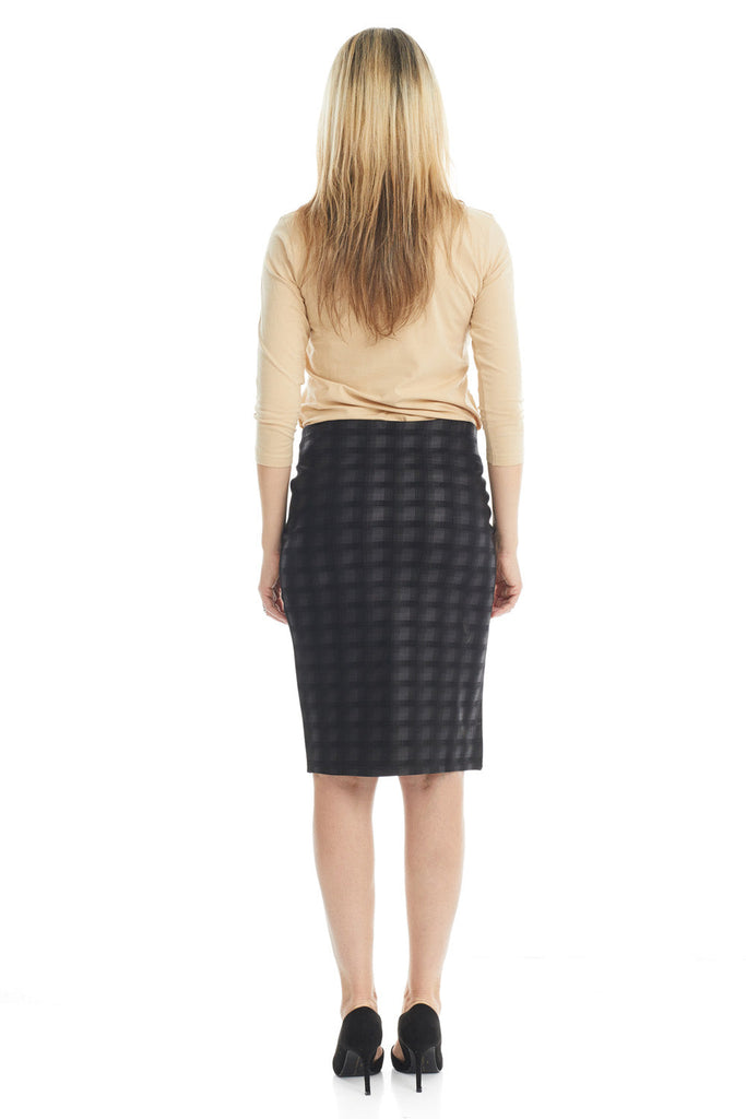 black plaid straight office below the knee pencil skirt without slit and without pockets
