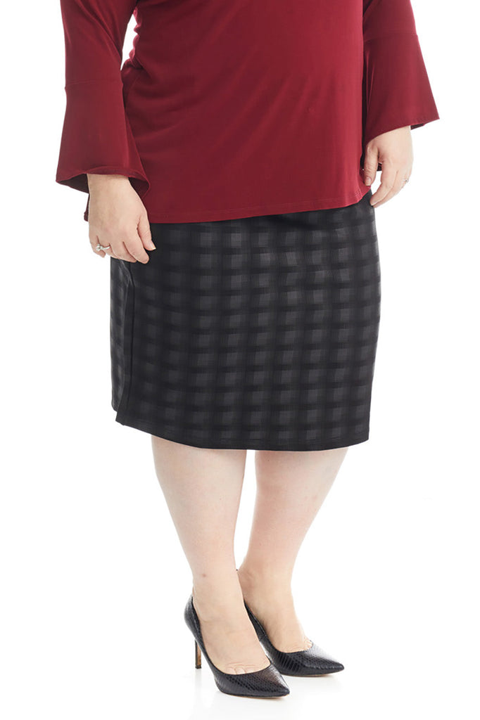 black plaid straight below the knee pencil skirt without slit and without pockets