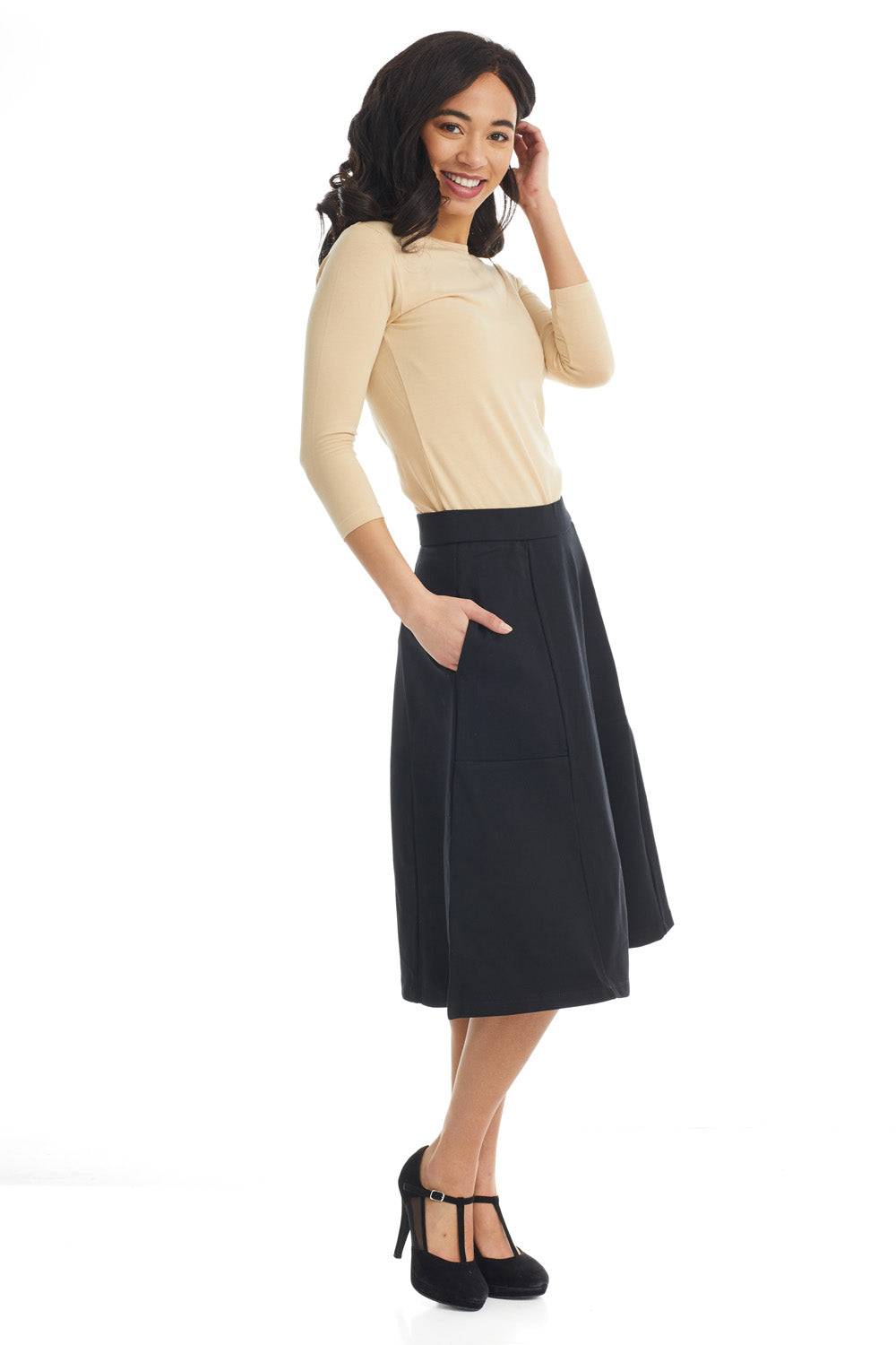 black fancy modest A-Line skater skirt with pockets for women