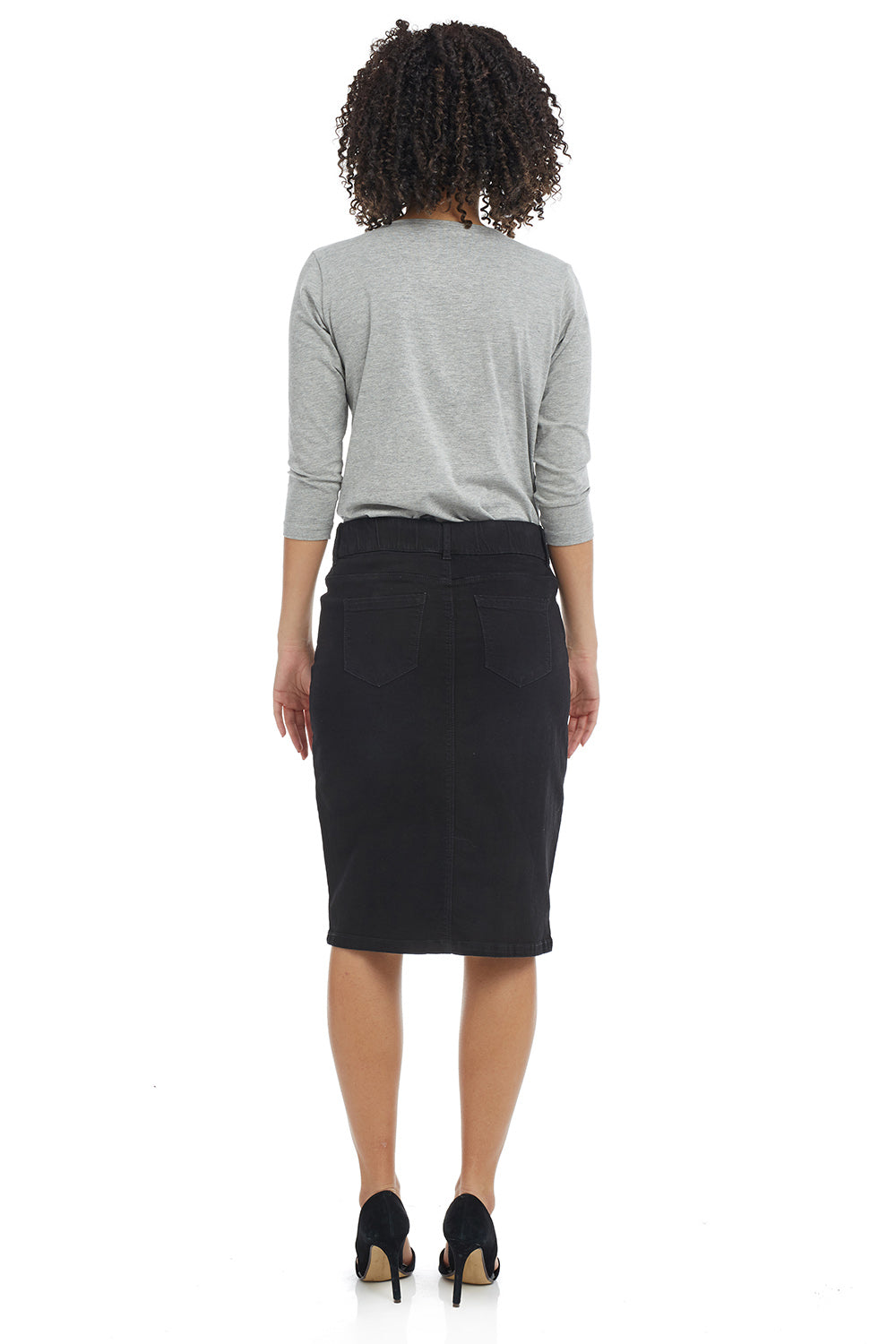 modest black straight denim jean skirt for women with pockets and belt loops