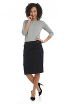 black below knee lenth straight jean skirt with front and back pockets