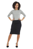 tznius black below knee lenth straight jean skirt with front and back pockets
