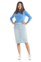 bleach blue below knee length straight jean skirt with front and back pockets