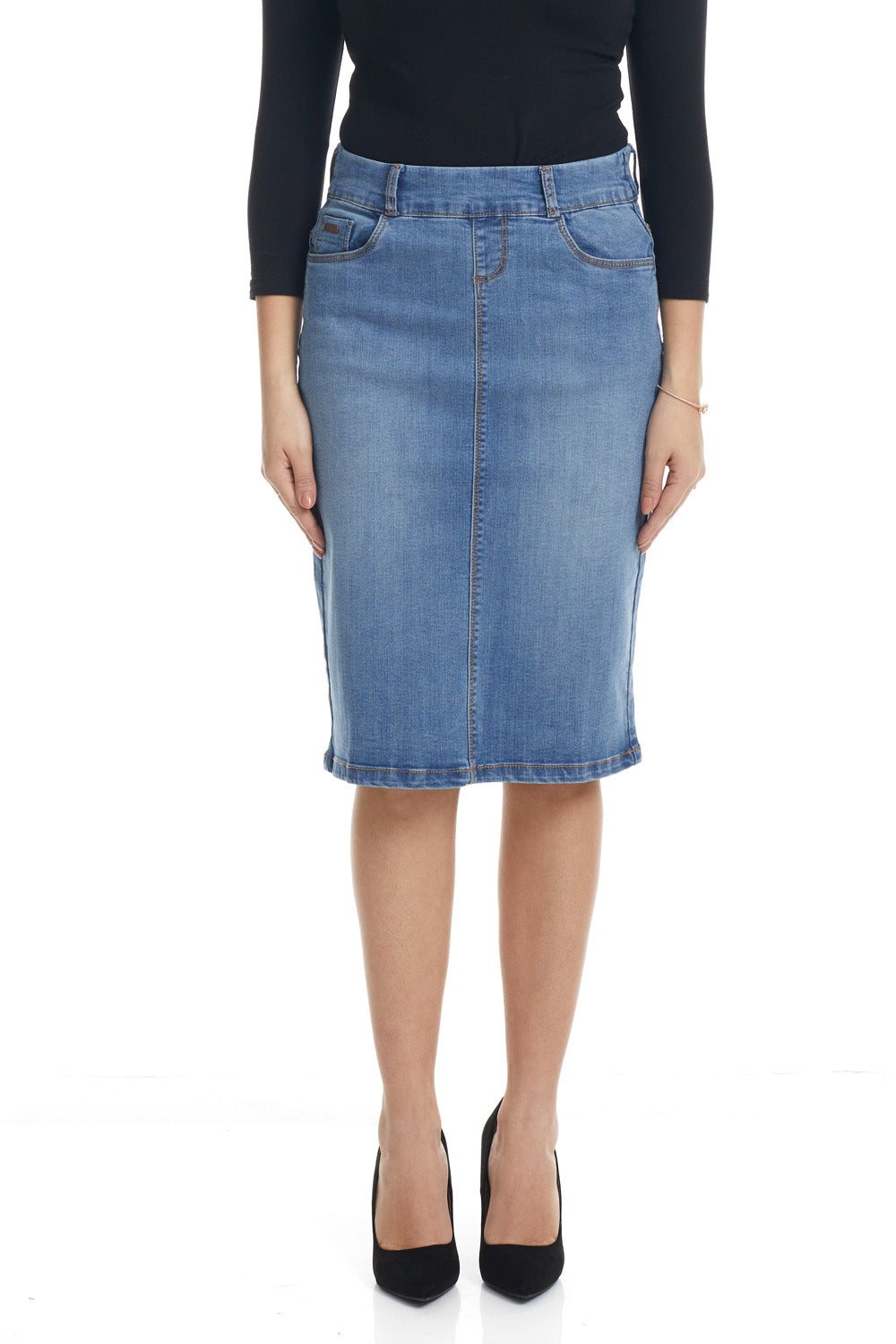modest blue below knee length straight jean skirt with front and back pockets