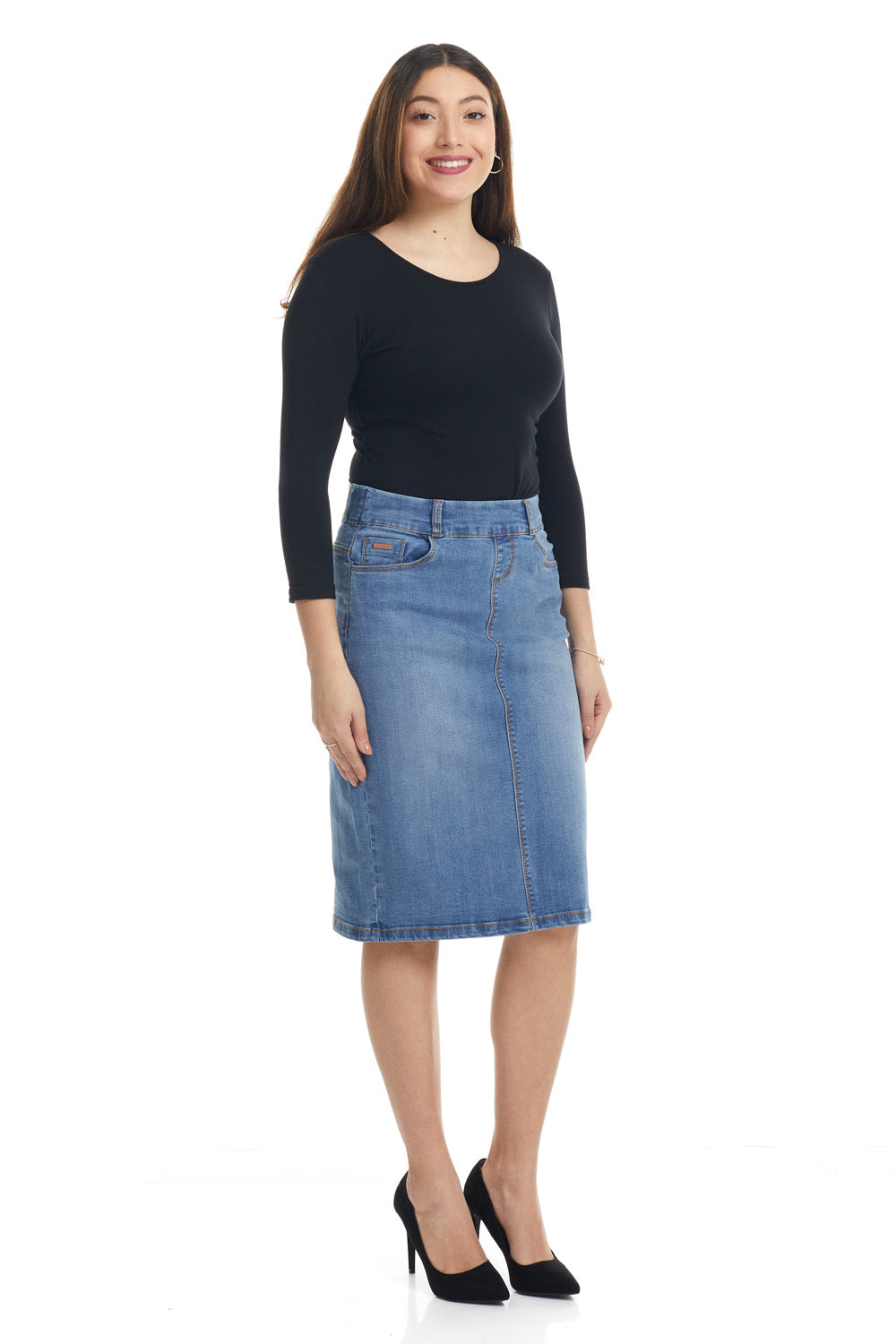 modest blue straight denim jean skirt for women with pockets and belt loops