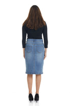 tsnius blue below knee length straight jean skirt with front and back pockets