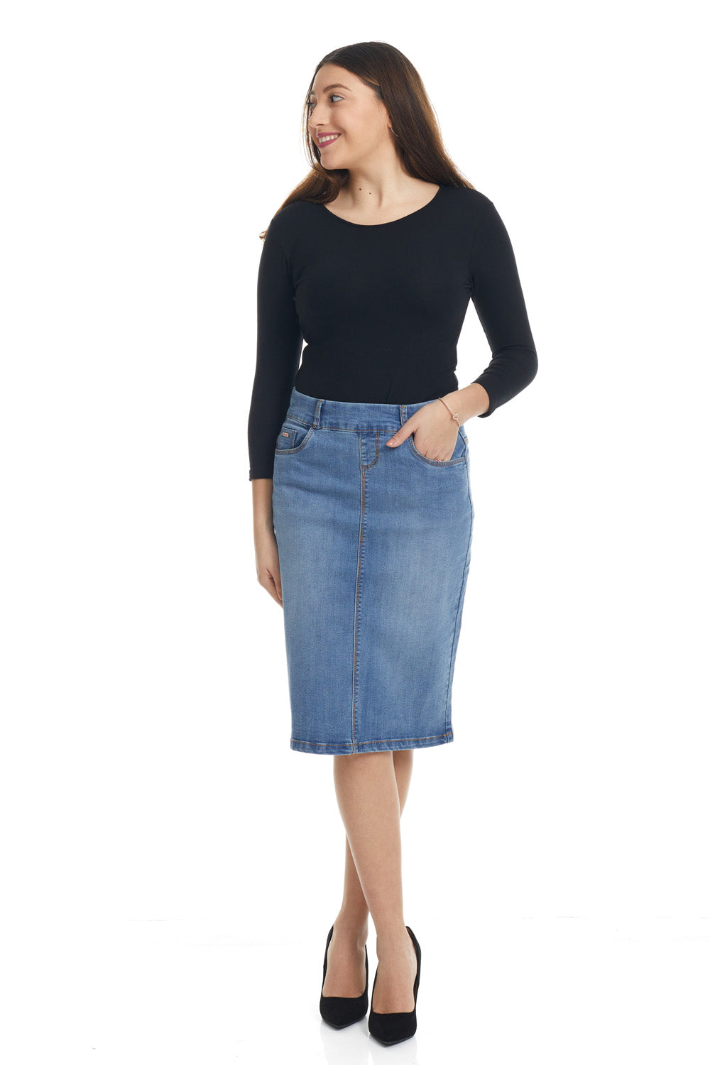 classic blue below knee length straight jean skirt with front and back pockets
