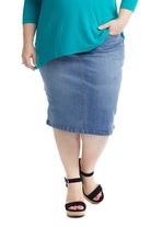 tznius blue straight denim plus size jean skirt for women with pockets and belt loops