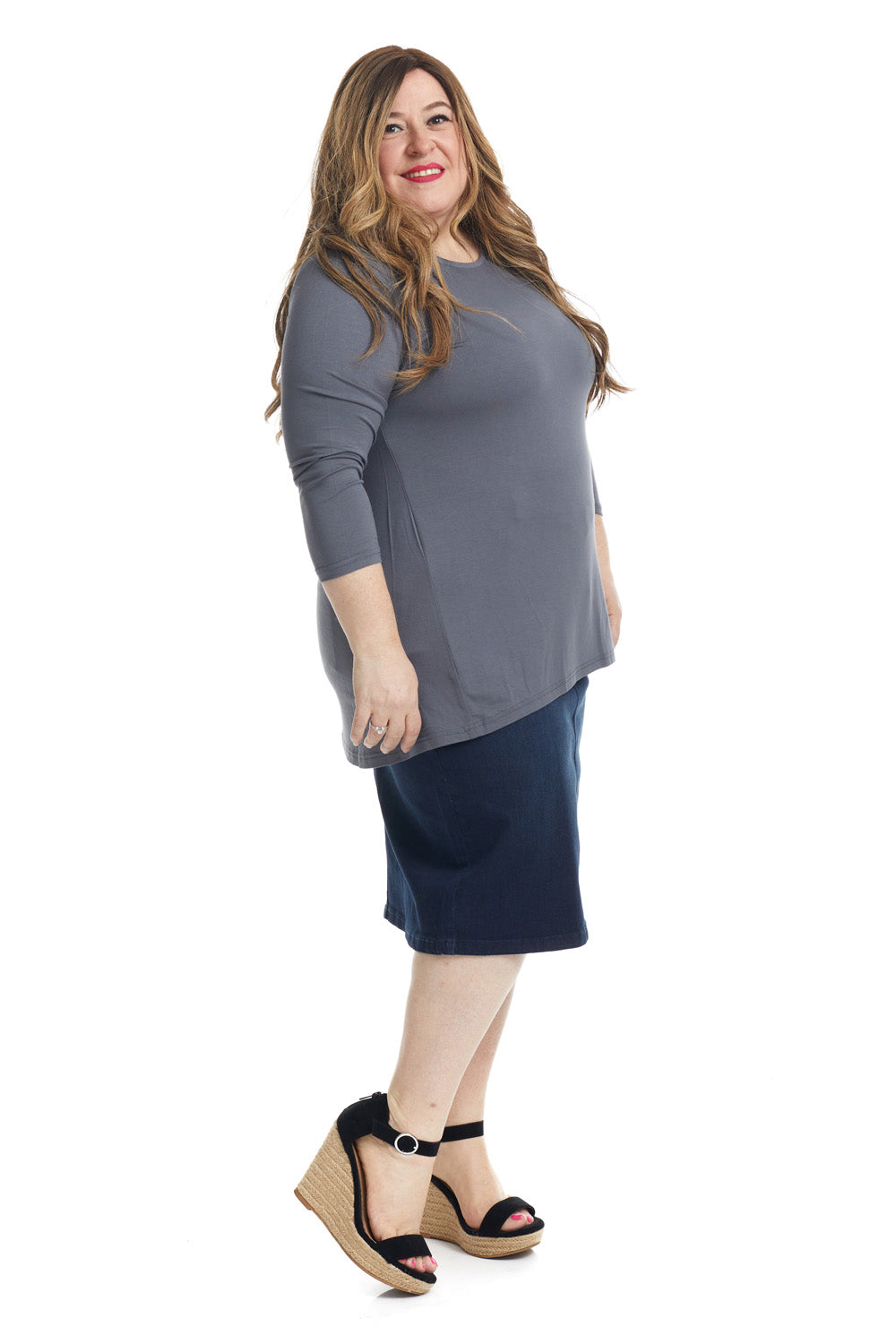 modest blue straight plus size denim jean skirt for women with pockets and belt loops