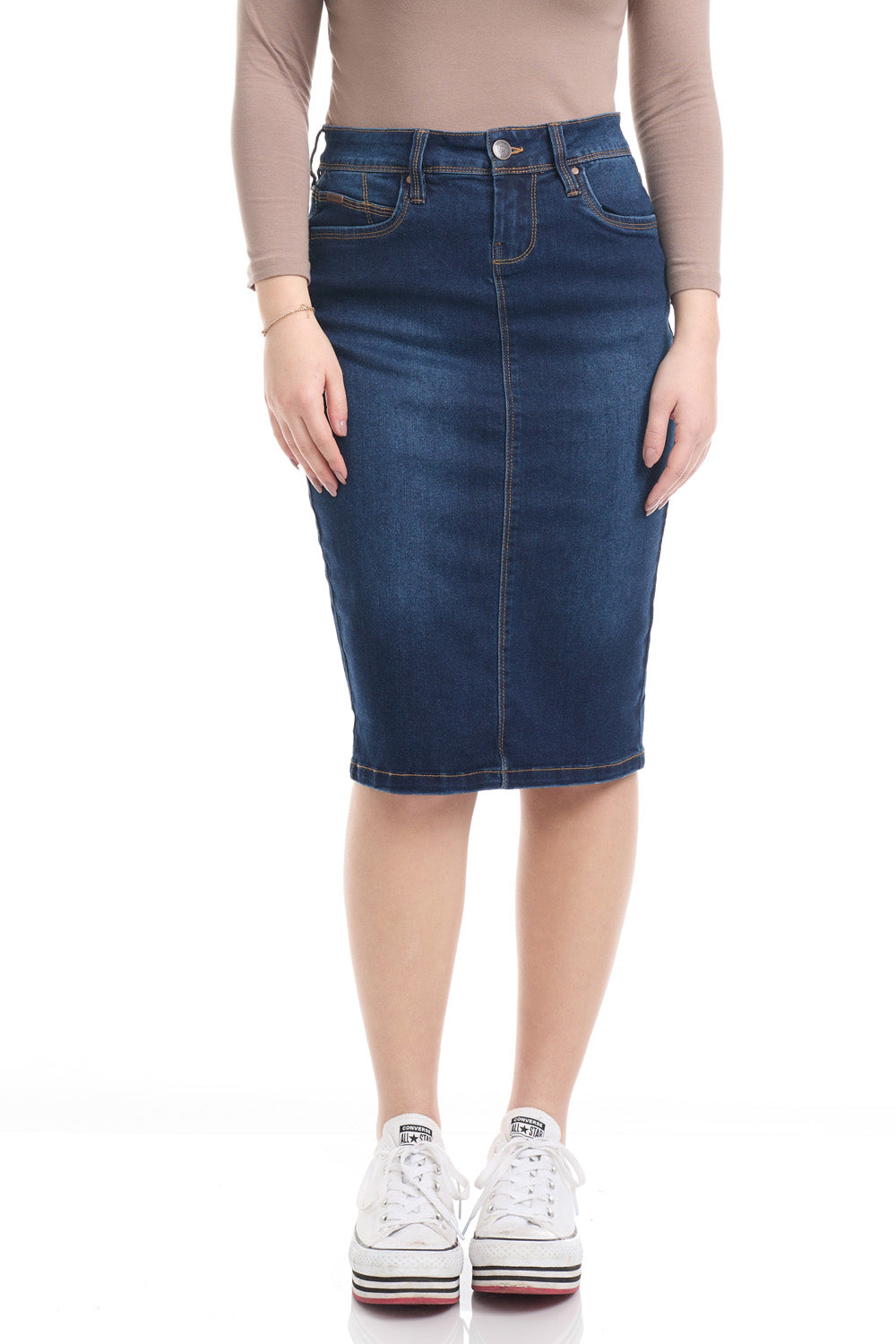 modest blue jean pencil skirt with button and zipper closure