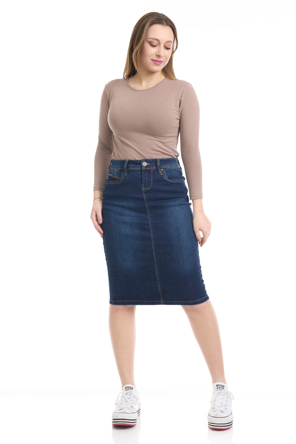 knee length dark blue denim jean skirt, Soft Stretchy with front faux pockets, real back pockets and small slit in the back