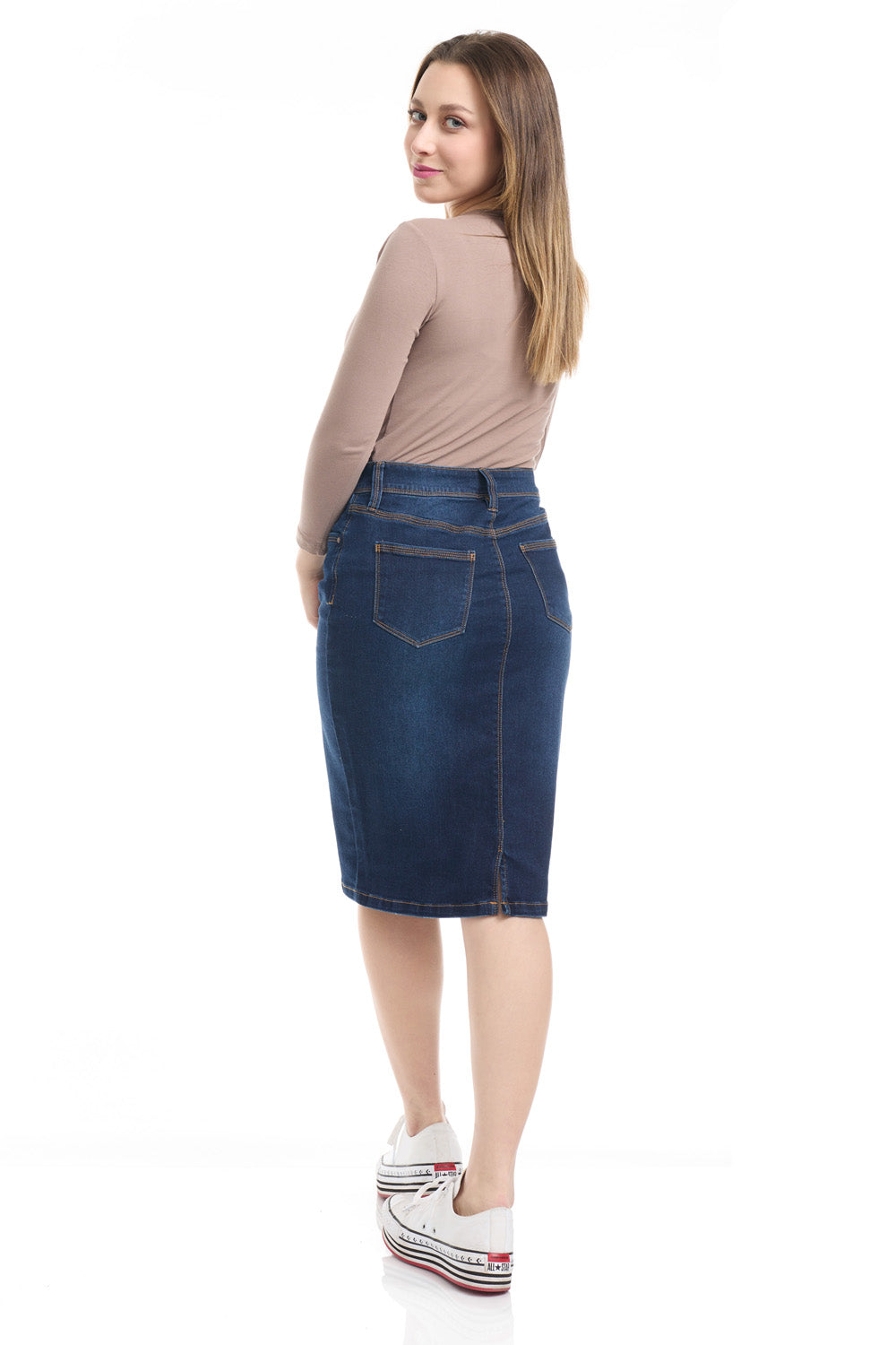 blue jean modest knee length stretchy denim skirt for women