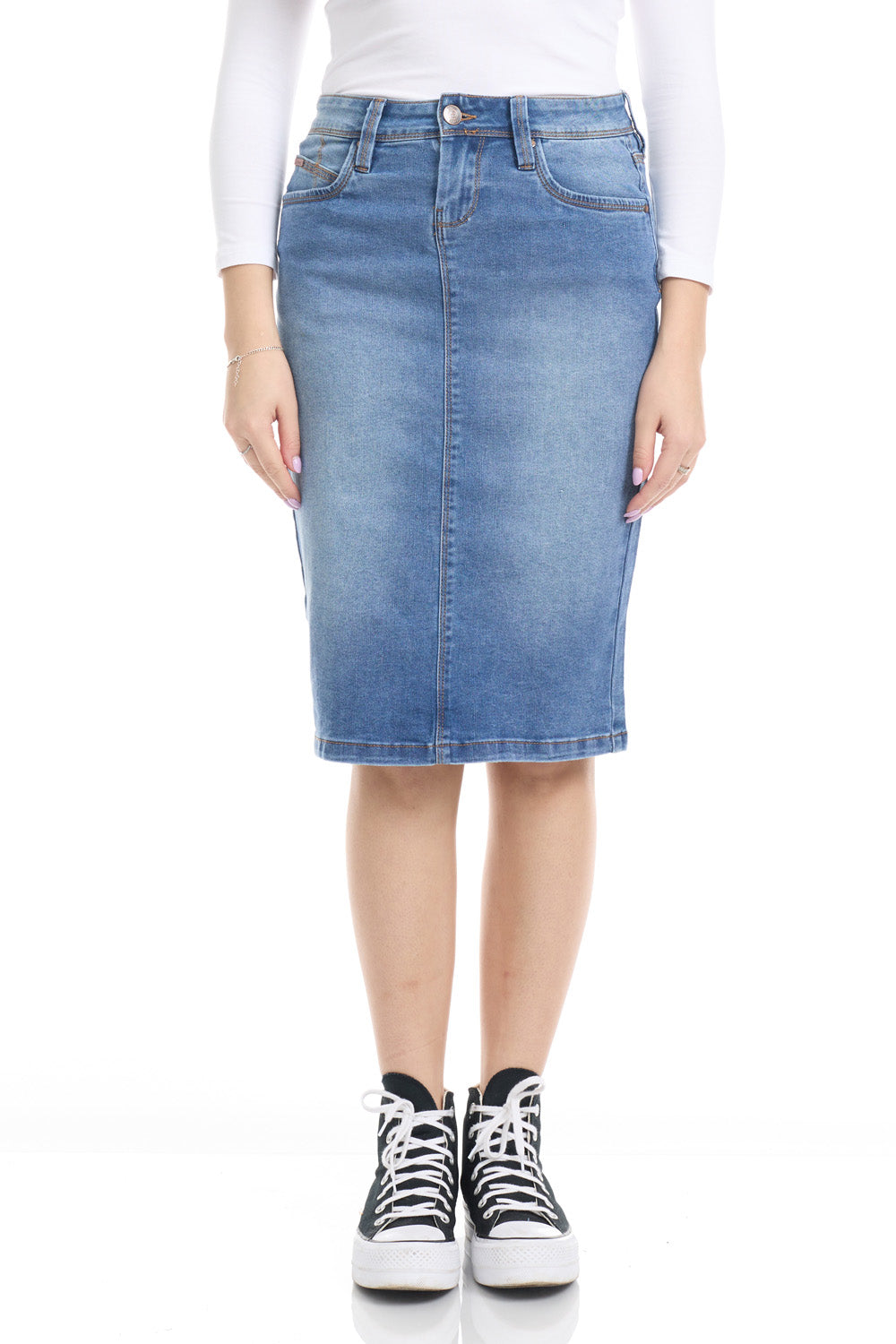 tsnius blue jean pencil skirt with button and zipper closure