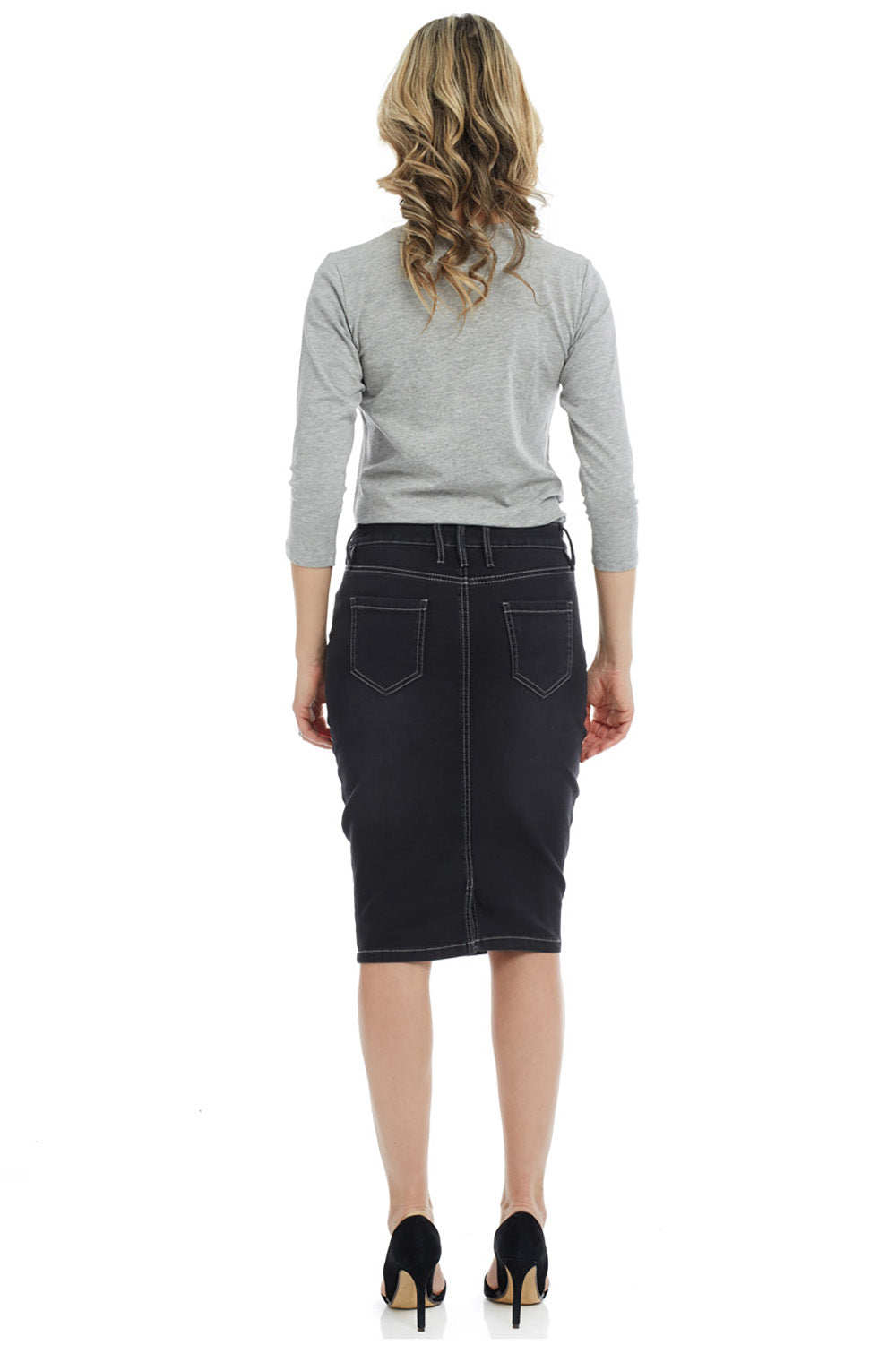 black stonewash button zip tznius denim jean skirt with pockets