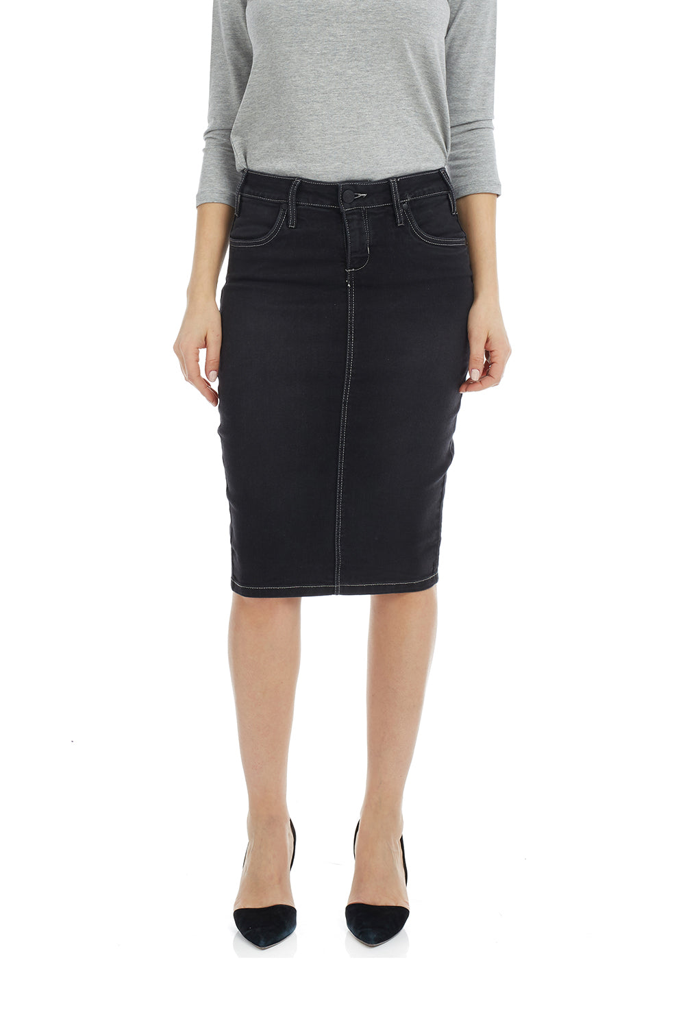 black stretchy jean pencil skirt with zipper and pockets
