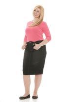 black acidwash stretchy modest knee length plus size jean skirt with pockets