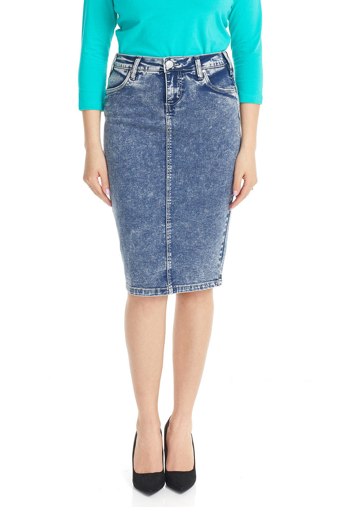 blue stretchy jean pencil skirt with zipper and pockets