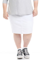 white tznius denim jean skirt with pockets with white stitching