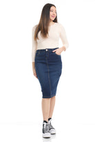 blue stretchy modest knee length jean skirt with pockets