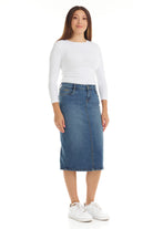 blue mid length denim pencil skirt with button zip