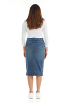long tznius jean skirt with button and zipper