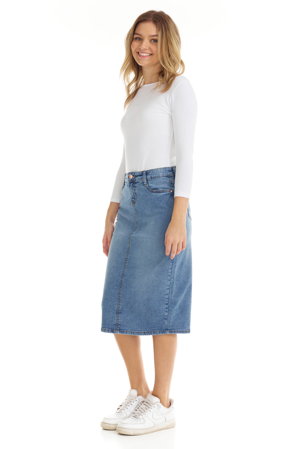 blue mid length denim pencil skirt with button zip