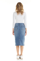 long tznius jean skirt with button and zipper