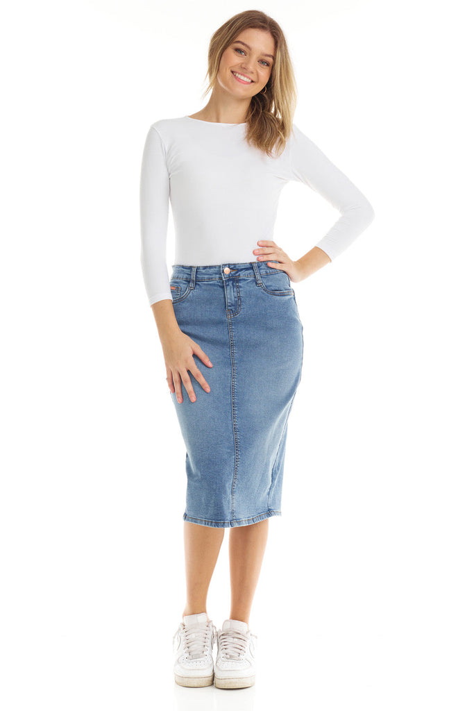 Classic blue jean midi pencil skirt for women with button zipper and pockets