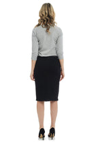 black button down modest denim jean pencil skirt with pockets and belt loops for women