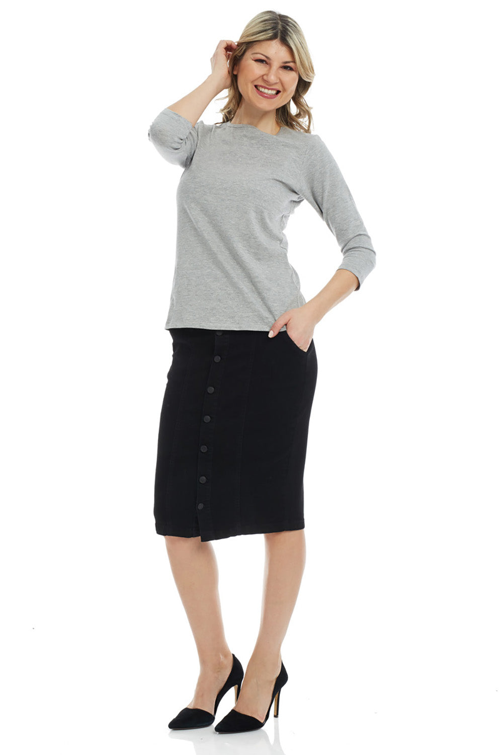 black button down below the knee denim jean pencil skirt with pockets and belt loops for women