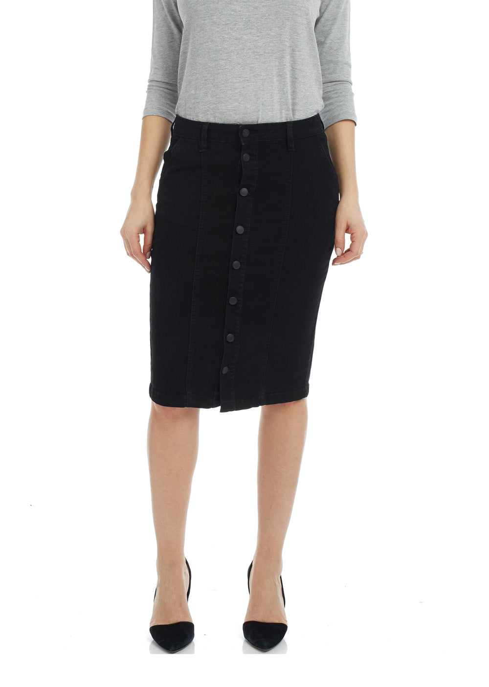 black button down tznius denim jean pencil skirt with pockets and belt loops